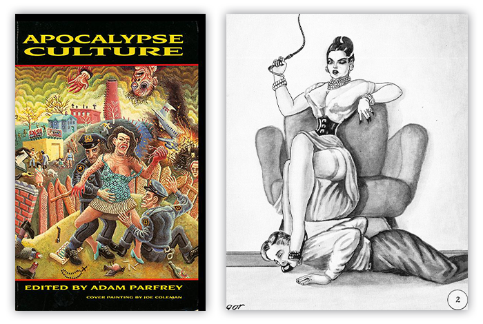 Left, Publication by Adam Parfrey, 1987. Artwork by Joe Coleman,1976. Right, Illustration for Bizarre Honeymoon by Gregor, circa 1950.