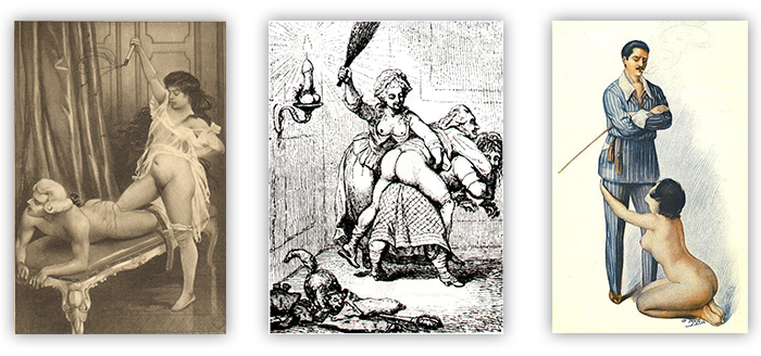 Left, Fanny Hill by Édouard-Henri Avril, 1907. Center, Engraving by Unknown Artist, circa 1780. Right, Le Rêve d'un flagellant by Georges Topfer, 1920.