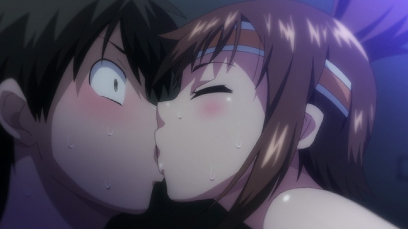 Sensei kissing Matori from the hentai adaptation Joshi Luck!