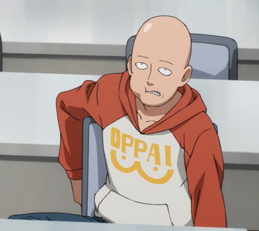 Saitama from One Punch Man wearing the infamous OPPAI hoodie