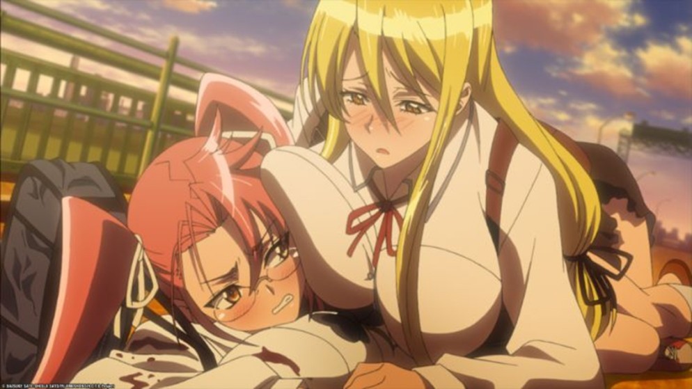 Two girls in a lewd accident from the anime Highschool of the Dead