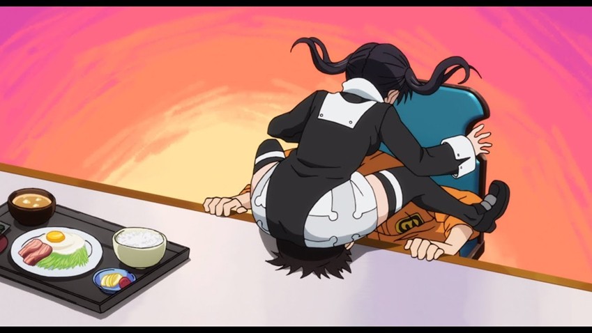 The popular and clumsy Tamaki in a weird position in the anime Fire Force